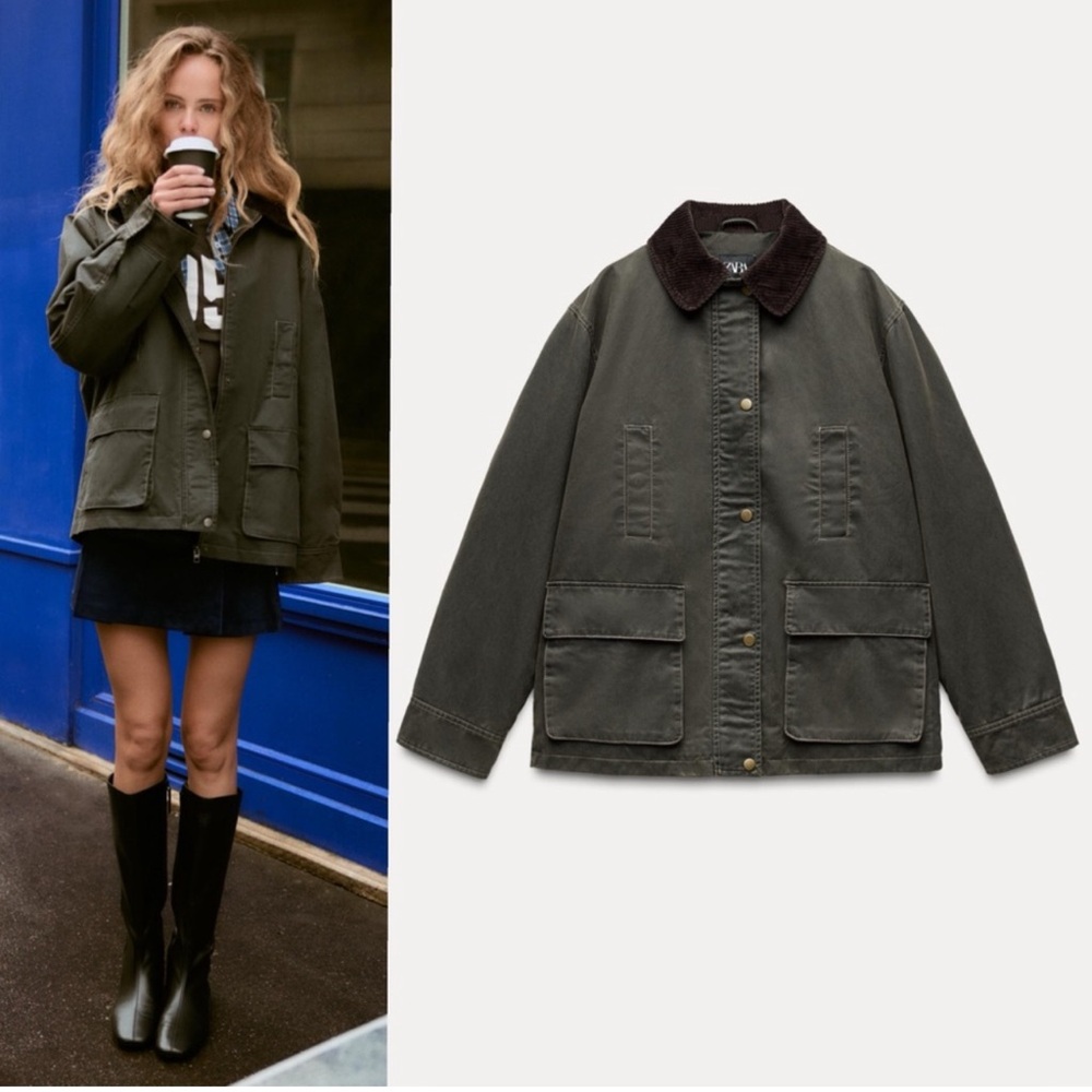 Zara corduroy collar waxed jacket in moss green sz M